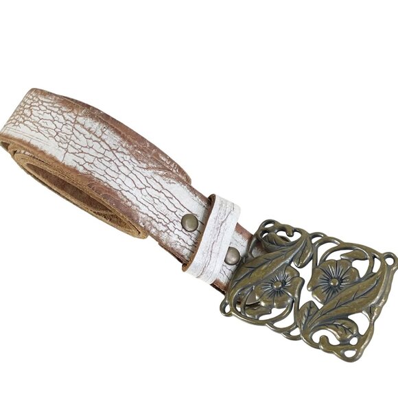 White Distressed Leather Belt with Boho Brass Floral Buckle by Goorin, Size M/L - Picture 8 of 8